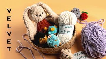 A basket of Estako Velvet amigurumi, a crocheted bunny, birds and a mouse, beside Estako Velvet chenille skeins.