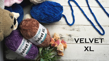 Estako Velvet XL super-bulky chenille skeins in purple, brown and blue with a plush teddy bear and roses.