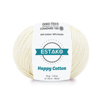 An Estako Happy Cotton cream skein with the OEKO-TEX Standard 100 certification printed on its ball band
