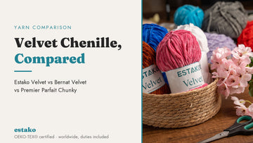 Estako Velvet plush chenille yarn beside the title Velvet Chenille Compared.