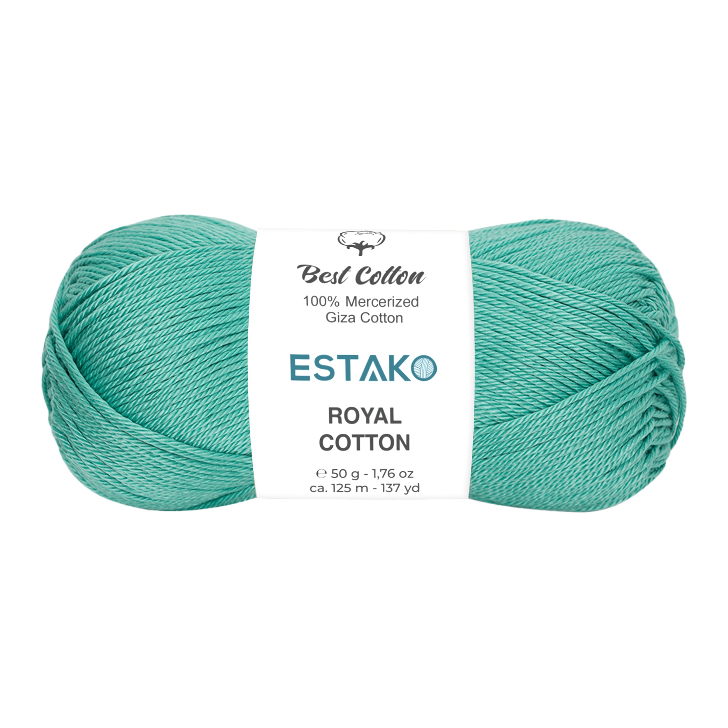 A vibrant cyan skein of Estako Royal Cotton, a mercerized cotton that locks dye in for colour-fast results.