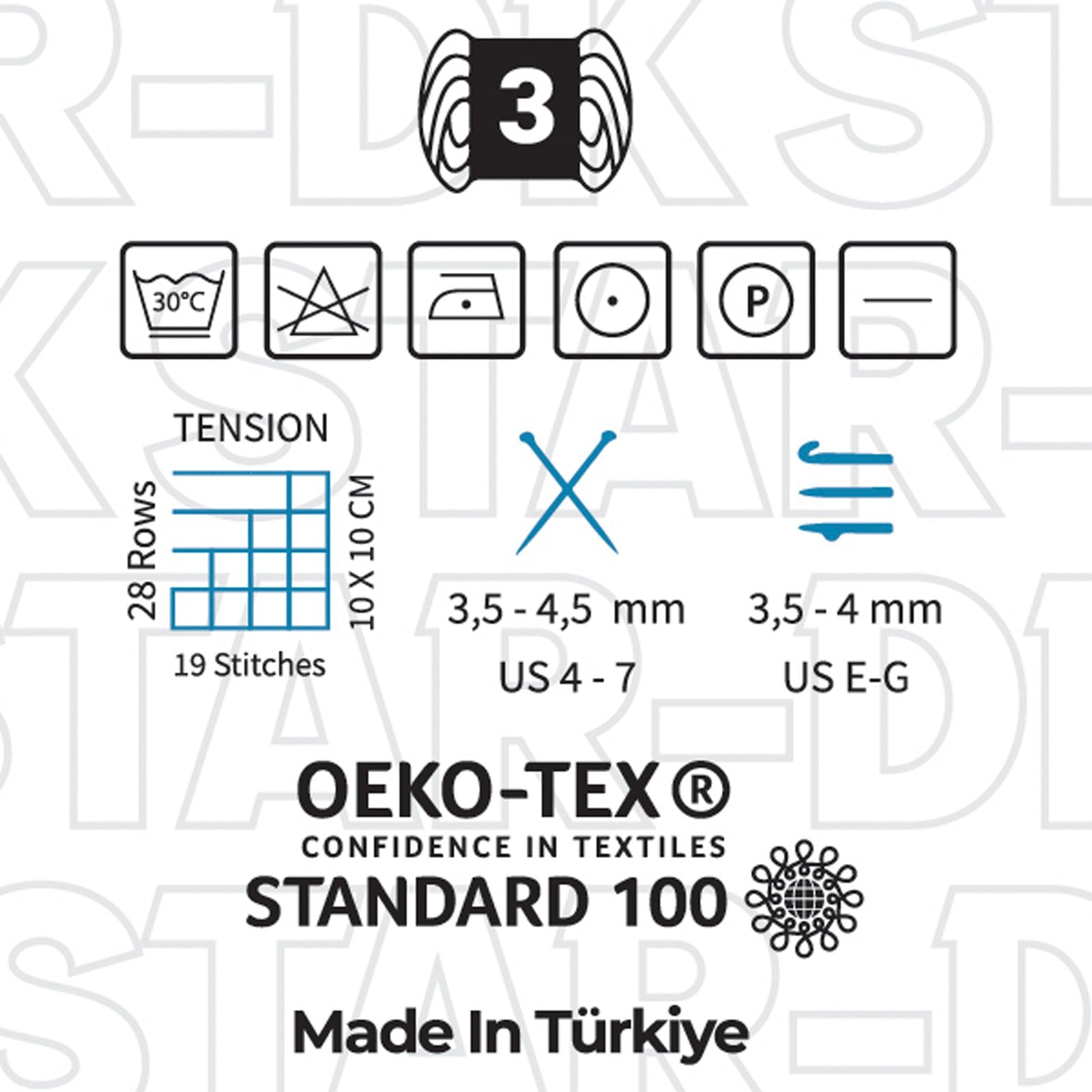 Estako Star-DK ball band specifications and care symbols | Estako Yarns